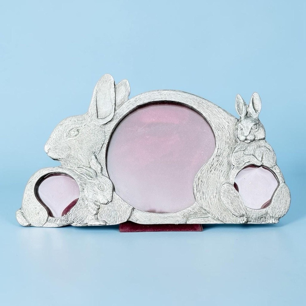 VTG Bunny Rabbits Picture Silver Pewter Heavy Frame Three Photo Frames 8 X 5"